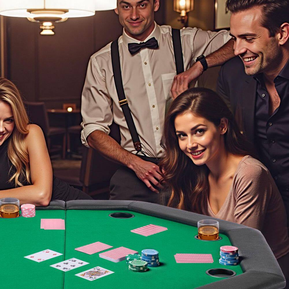 Foldable Poker Table, Ideal for Texas Holdem 8-Player 48 In. Octagonal Casino Table with Cushioned Rails and Cup Holders