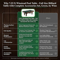 7.25 Ft Winstead Pool Table - Full Size Billiard Table with Complete Accessories Set, Green, by — Comparison