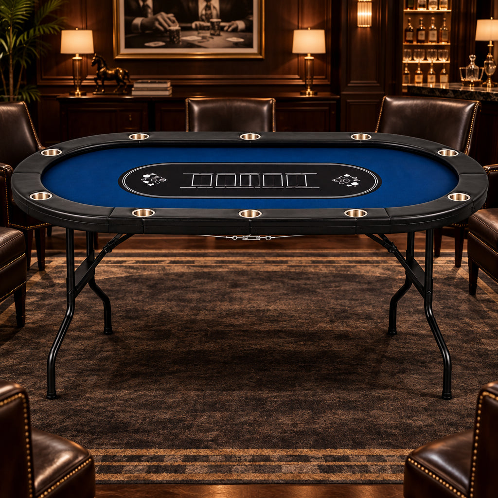 10 Player Foldable Poker Table, Texas Holdem W/ Padded Rails, Stainless Steel Cup Holders, 84 In. Portable Casino Table