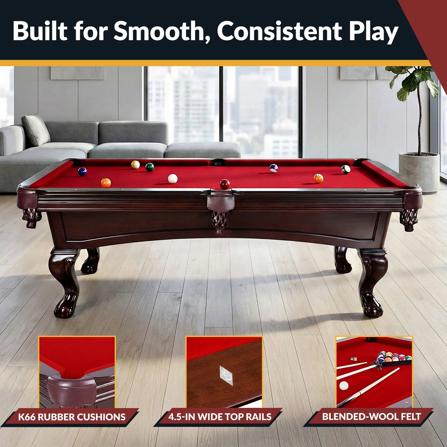 Augusta 8-Ft Pool Table - Mahogany Finish with Red Felt